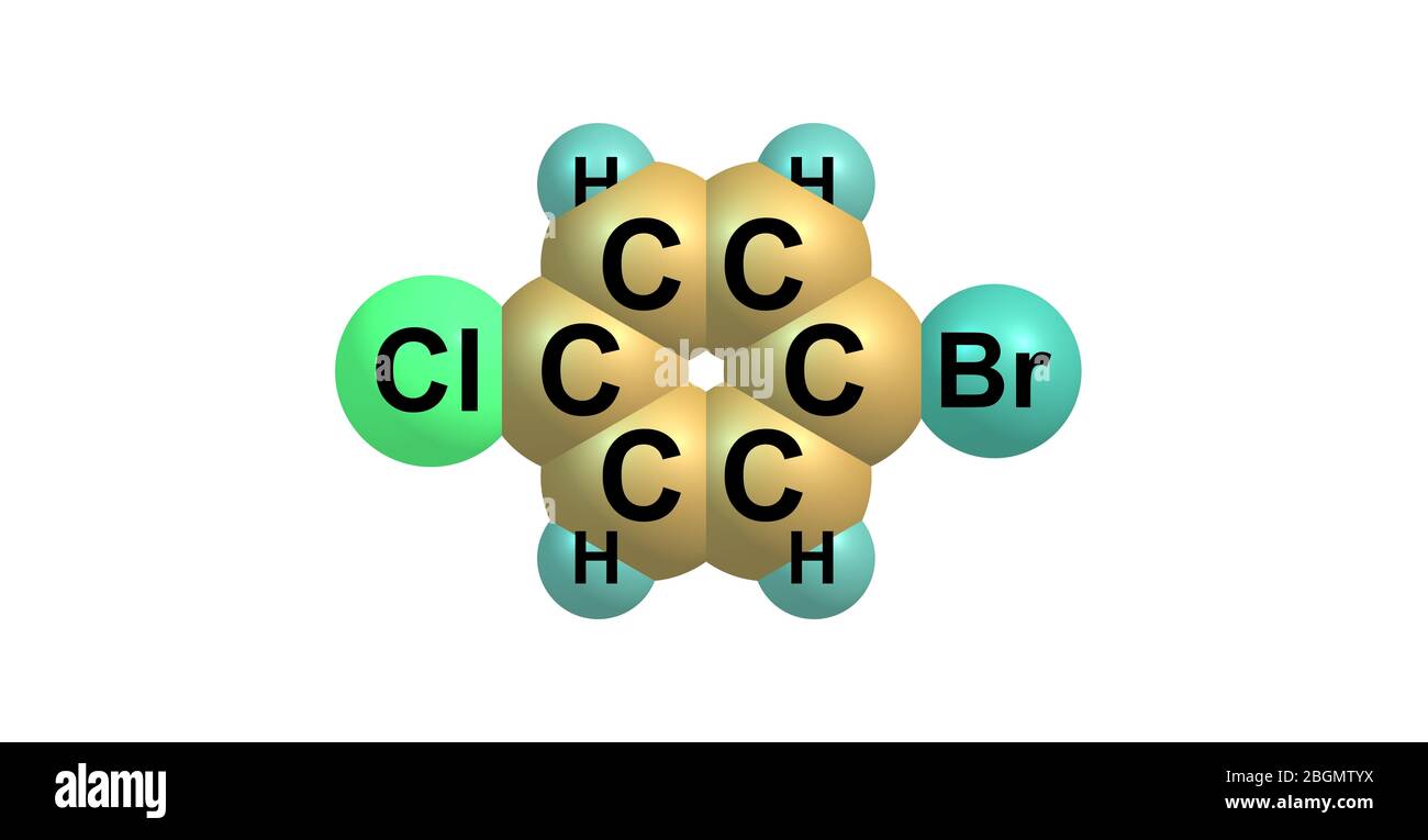 1-Bromo-4-chlorobenzene molecule, halogen atoms and benzene. 3d illustration Stock Photo