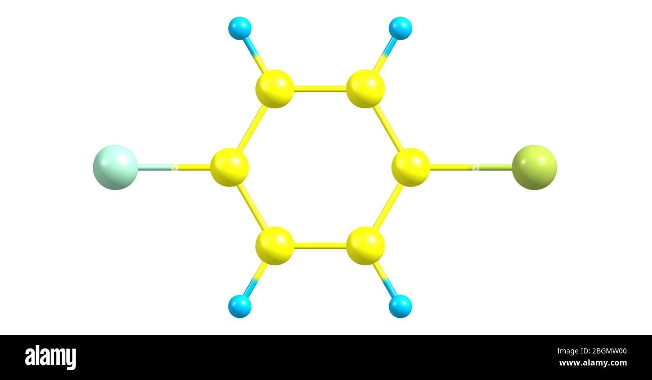 1-Bromo-4-chlorobenzene molecule, halogen atoms and benzene. 3d illustration Stock Photo