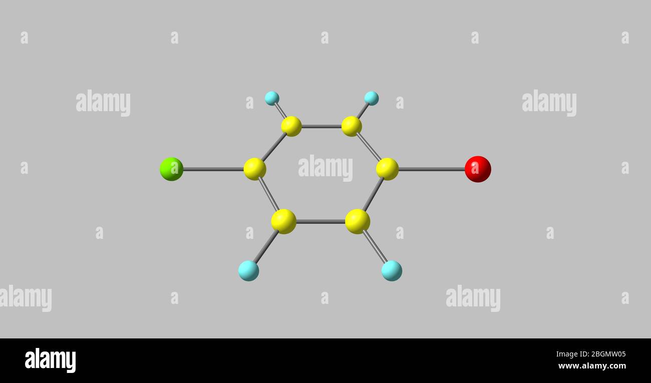 1-Bromo-4-chlorobenzene molecule, halogen atoms and benzene. 3d illustration Stock Photo