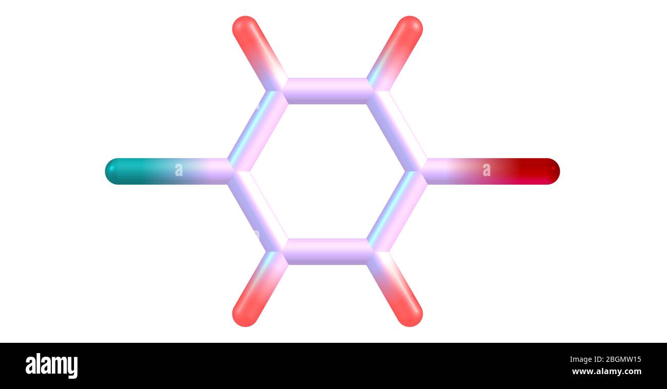 1-Bromo-4-chlorobenzene molecule, halogen atoms and benzene. 3d illustration Stock Photo