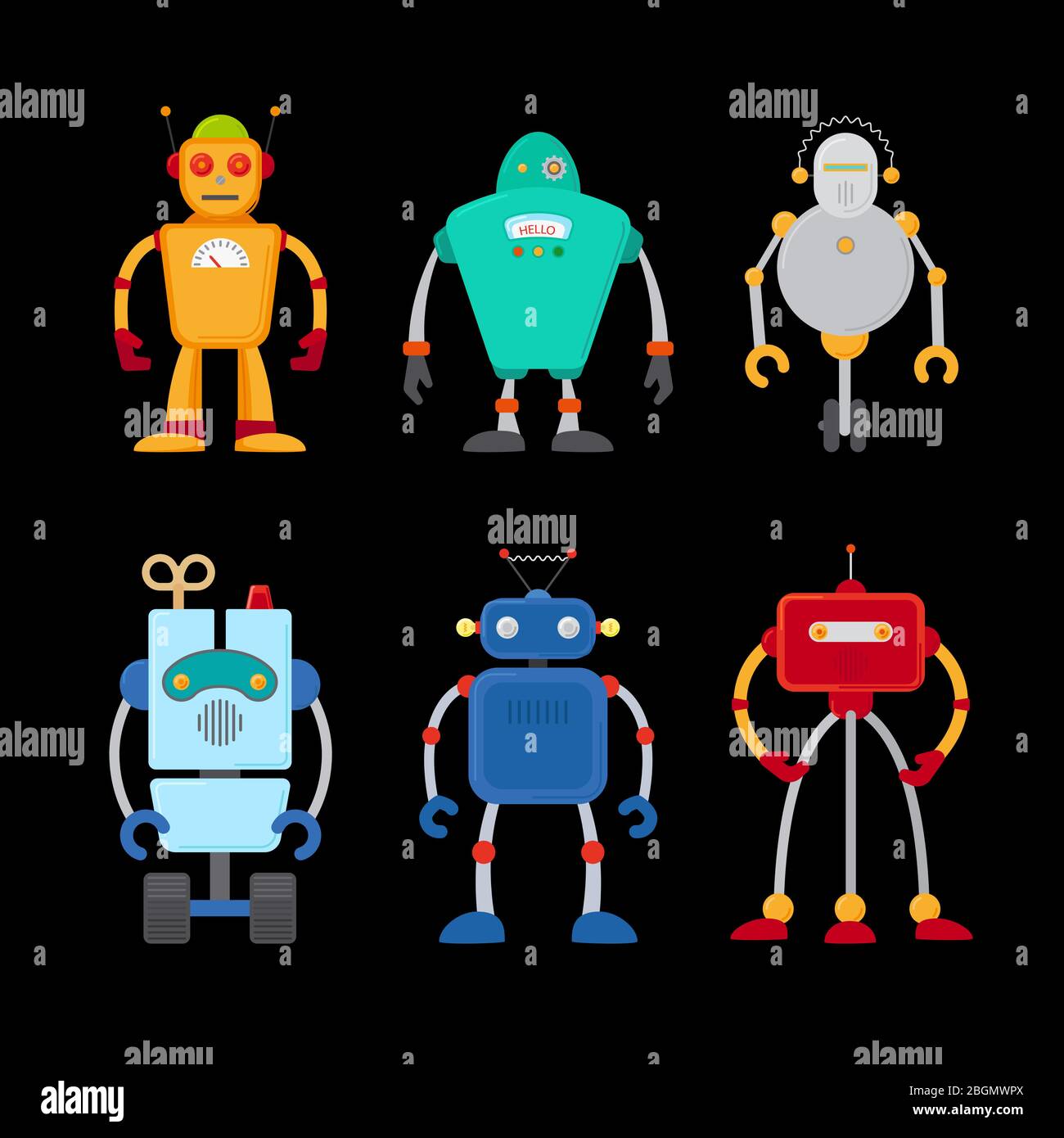 Retro robot set in flat style, vintage cute robots. Toy robots vector