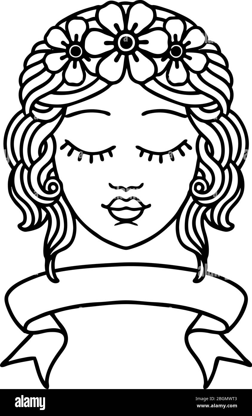 traditional black linework tattoo with banner of female face with eyes