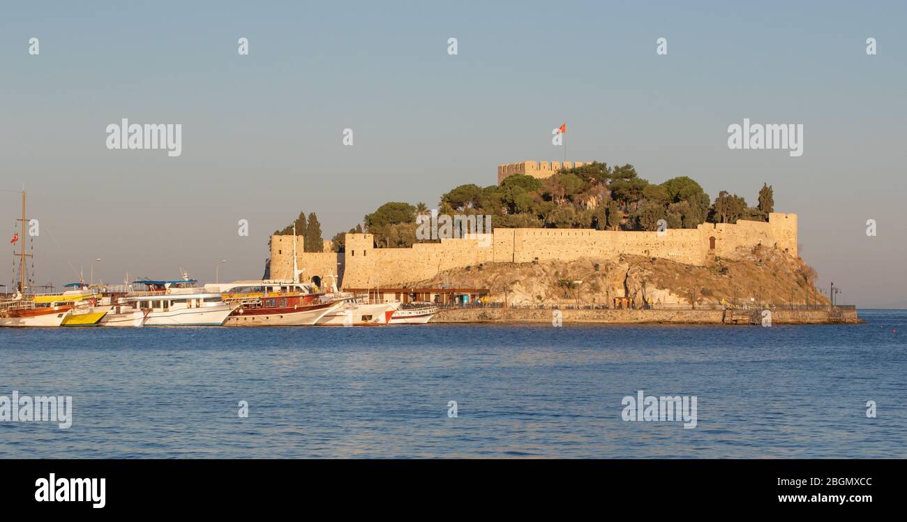 Kusadasi, Turkey - a wonderful city on the Aegean Sea and a famous resort town, Kusadasi displays a typical ottoman Old Town. Here the fortress Stock Photo