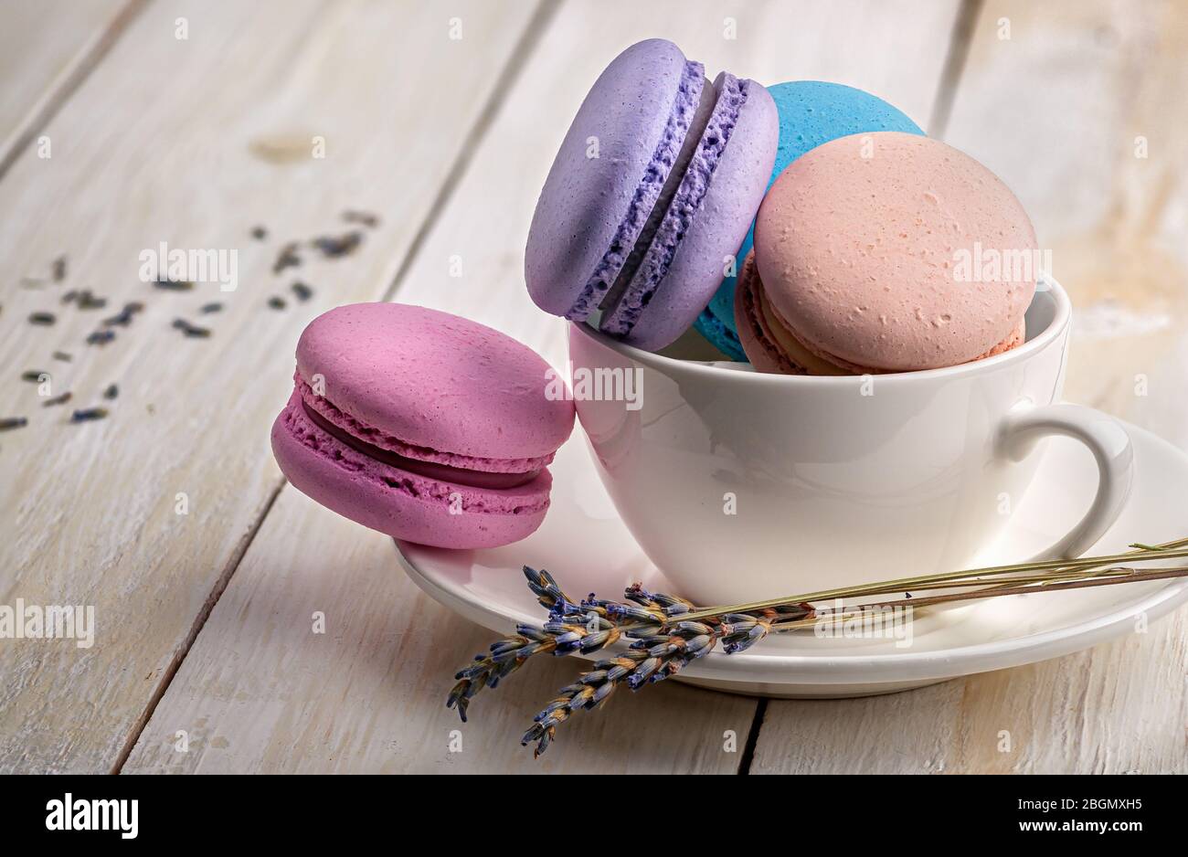 Macaroons in cup with lavender on saucer Stock Photo