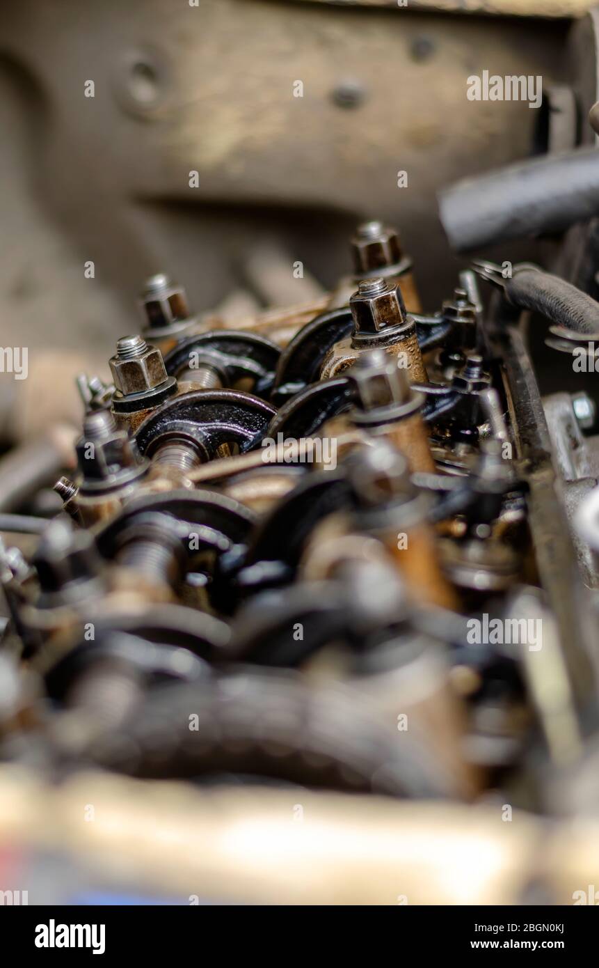 The engine compartment of a car closeup. Engine timing. Detailed shot