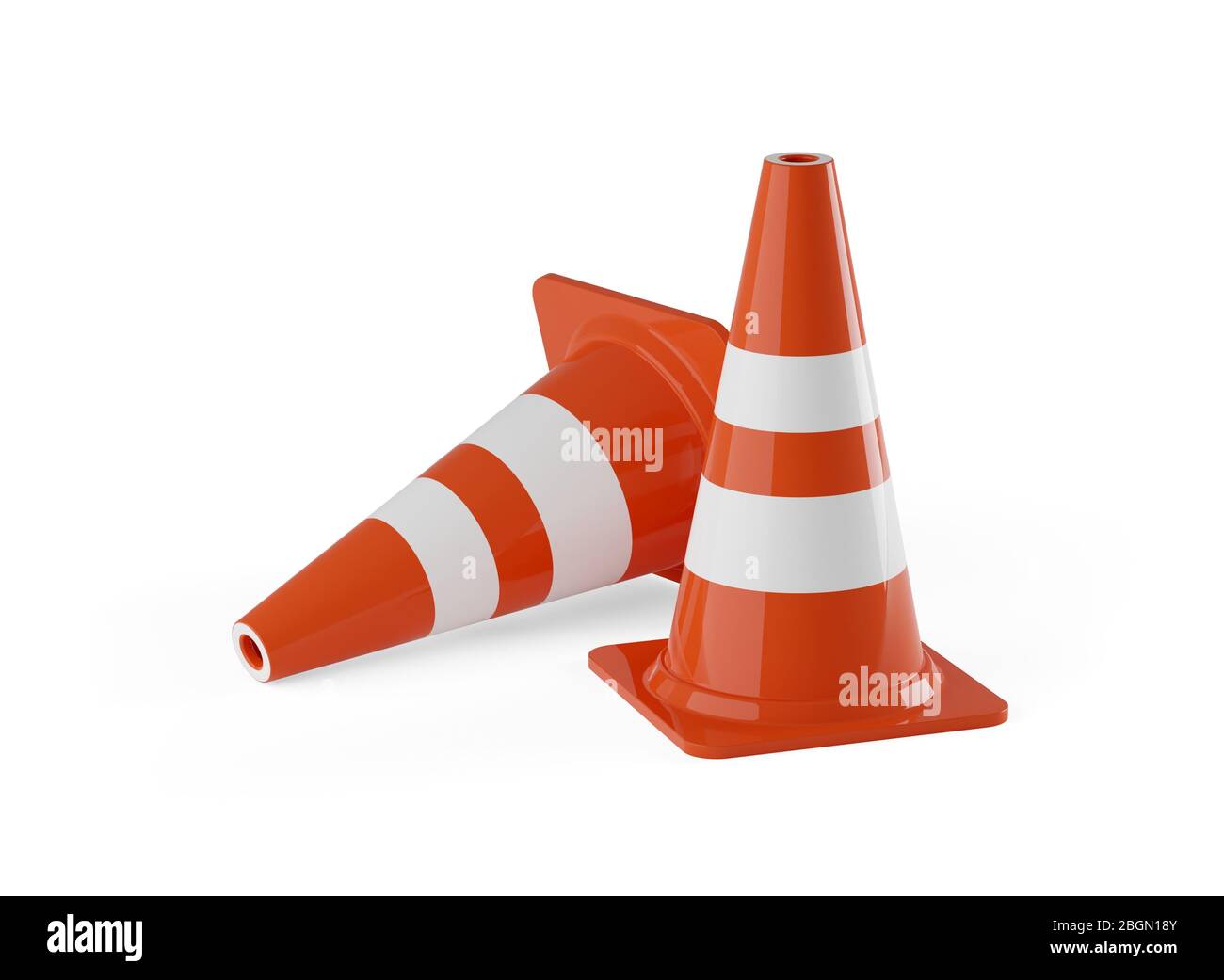 Two orange traffic warning cones or pylons on white background - under construction, maintenance or attention concept, 3D illustration Stock Photo
