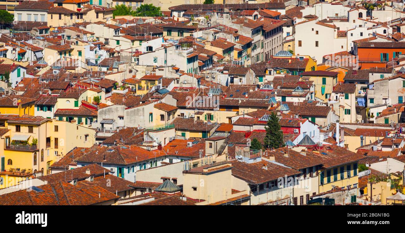Florence, Florence Province, Tuscany, Italy. Aerial view of rooftops in city centre. The Historic Centre of Florence is a UNESCO World Heritage Site. Stock Photo
