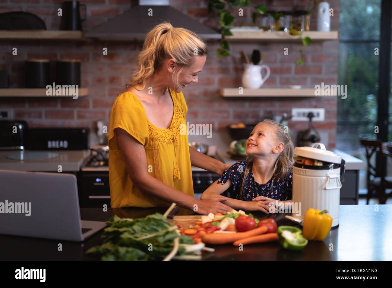 Caucasian woman and her daughter spending time in the kitchen and using a laptop Stock Photo