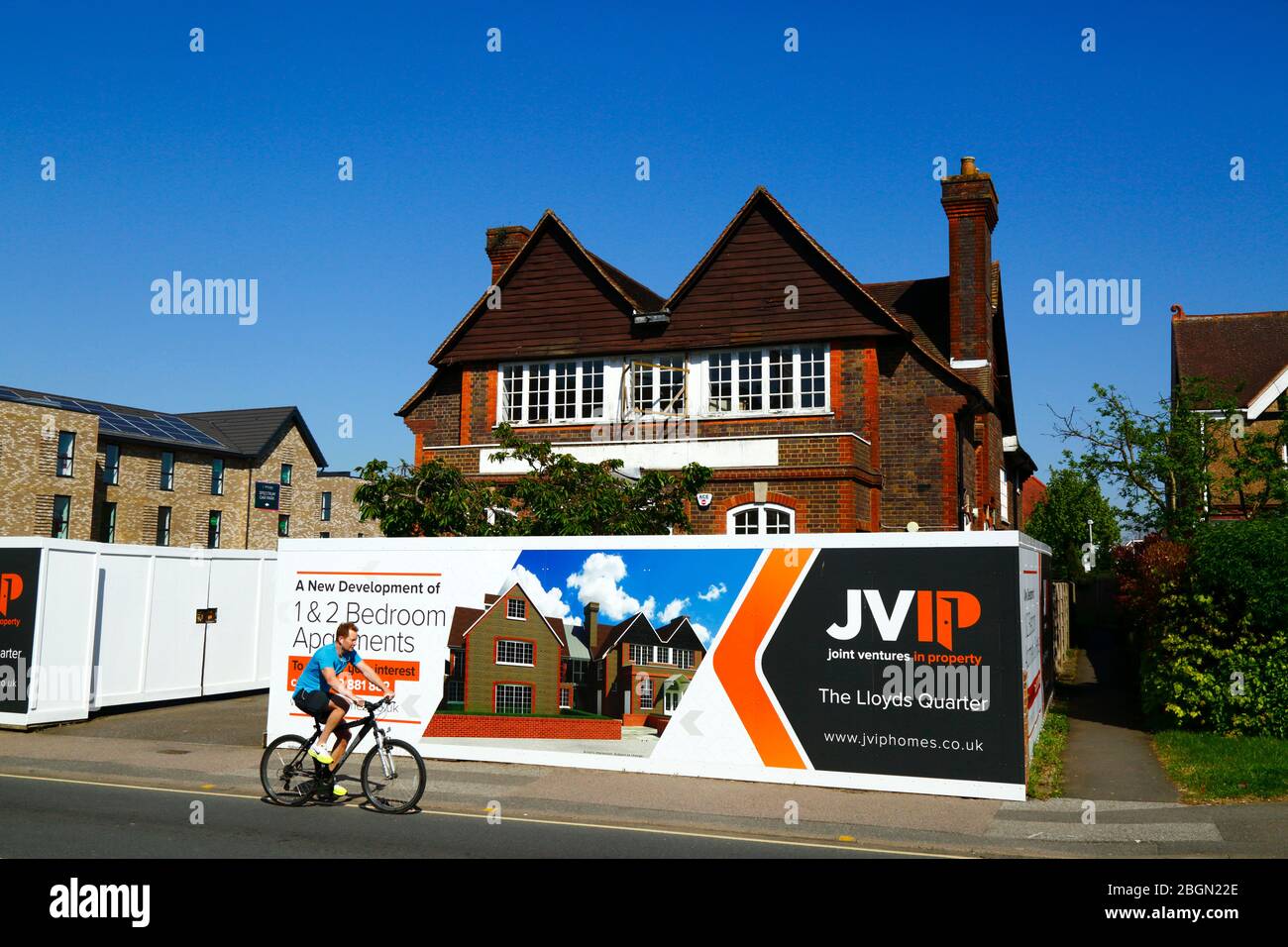 JVIP property developer signs outside project to convert the former Lloyds Bank building into flats, London Road, Southborough, Kent, England Stock Photo