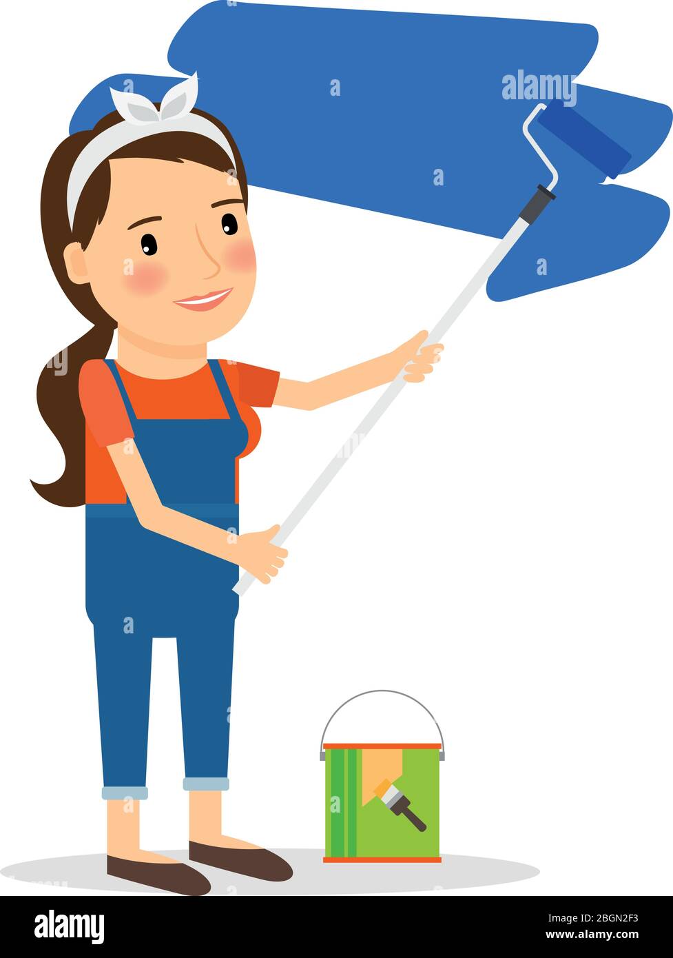 Woman paint wall at home. Repair and decoration interior work. Vector