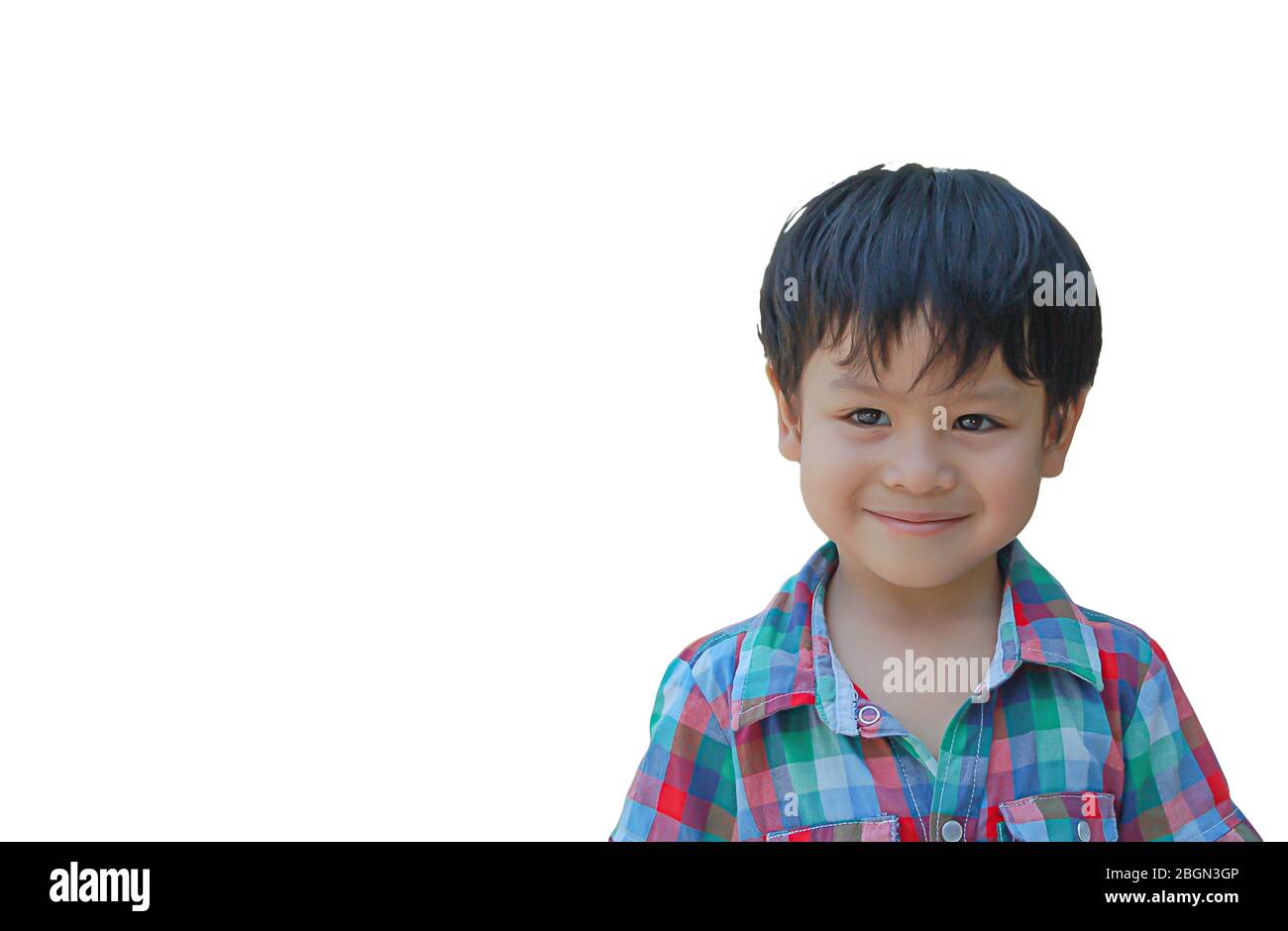 Isolated Portrait Asian boy smiled happily on white background with clipping path. Stock Photo
