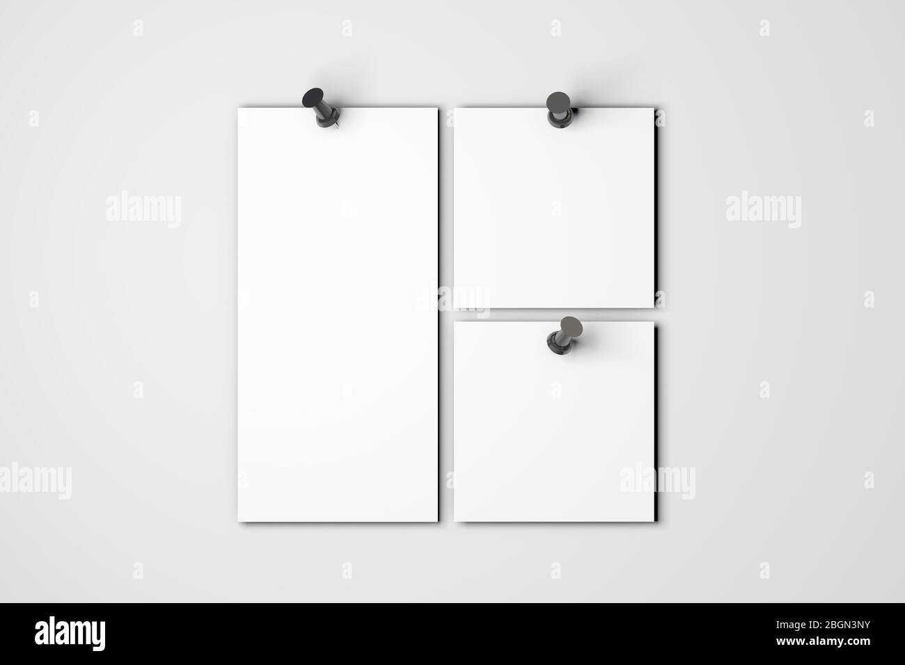 Blank white poster mock up pinned to a plain grey wall. 3D rendering ...