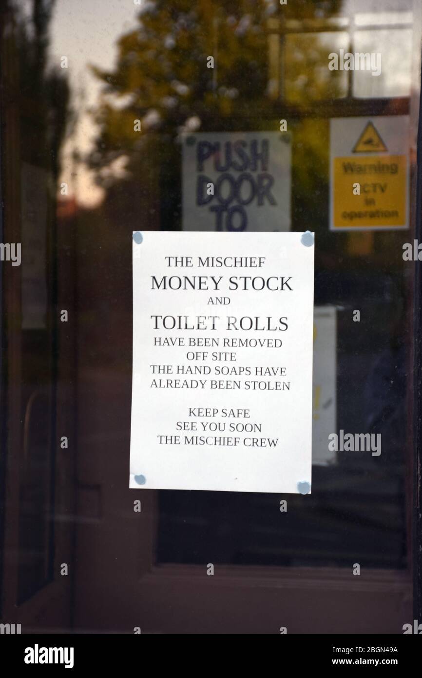 Sign in closed pub window in Norwich during Coronavirus lockdown no