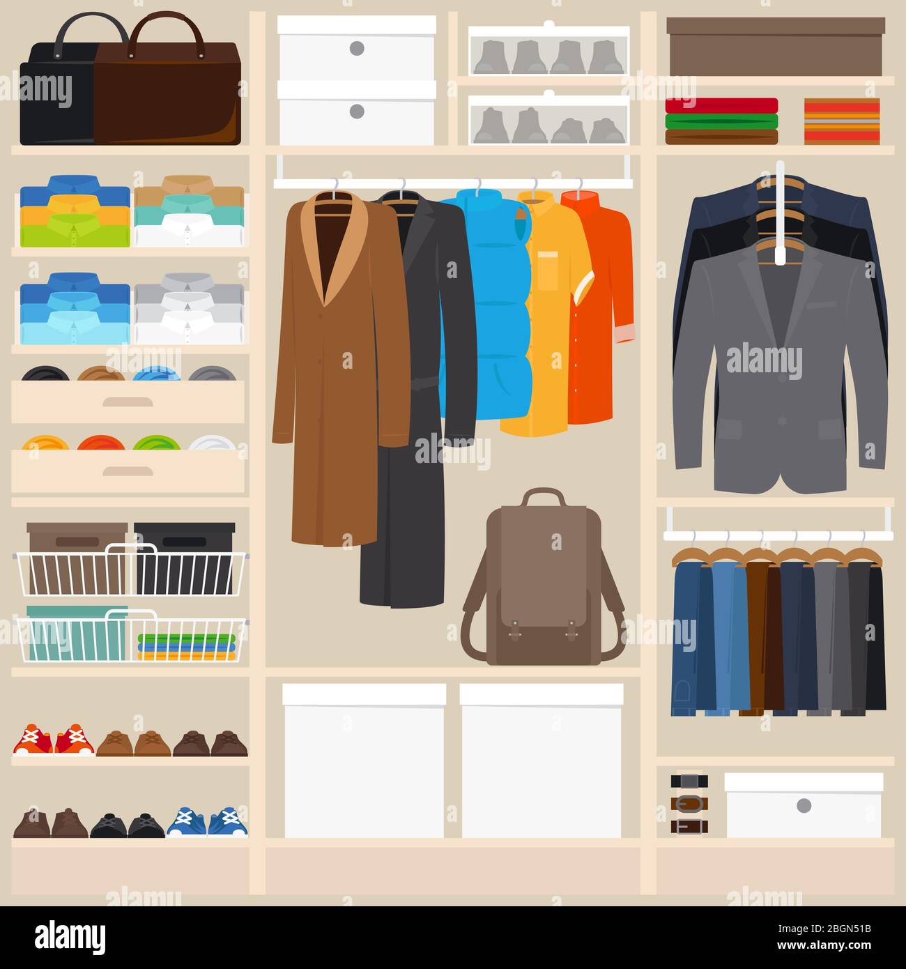Clothes wardrobe vector illustration. Wardrobe room with mens cloths in flat style Stock Vector