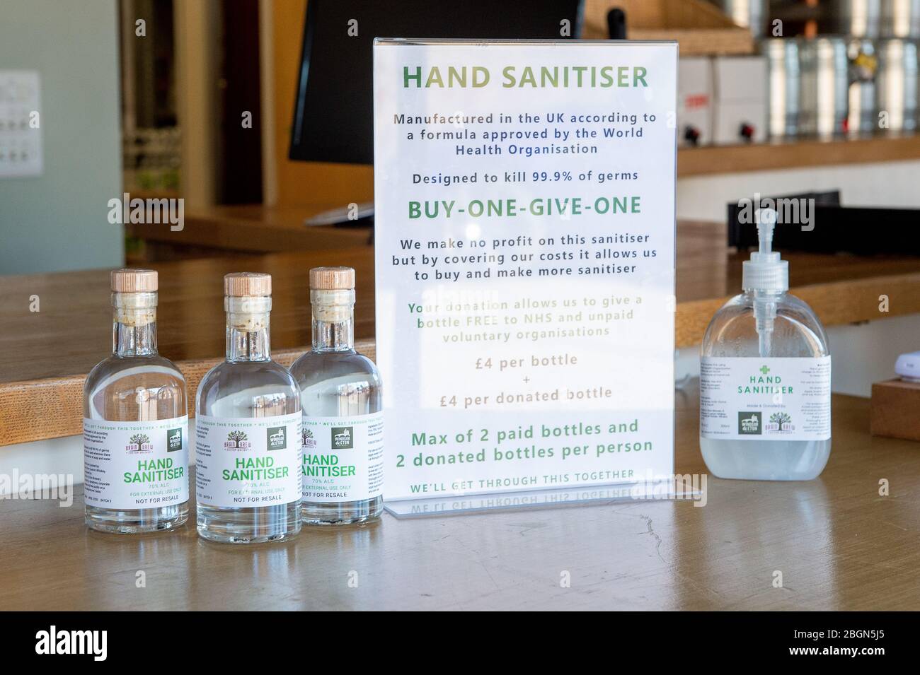 Windsor, Berkshire, UK. 22nd April, 2020. Windsor & Eton Brewery have teamed up with craft spirits producer Brain Brew Custom Whiskey to source, bottle and distribute hand sanitiser. It is manufactured to the World Health Organisation recipe and is supplied in small bottles that are normally used for whiskey. They make no profit on this product and are supplying it free of charge to the NHS, care workers and unpaid voluntary organisations providing front line support during the Coronavirus Pandemic. Credit: Maureen McLean/Alamy Live News Stock Photo