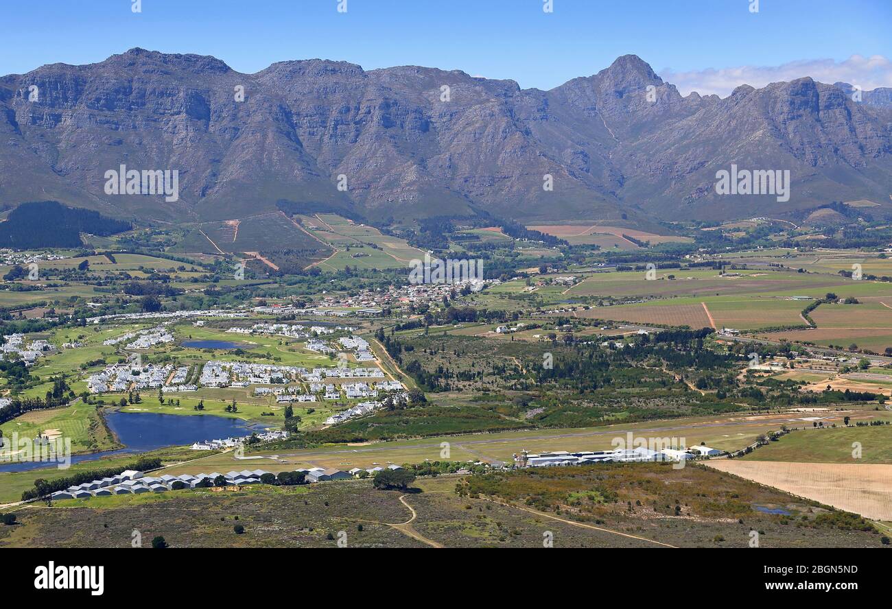 Aerial photo of Stellenbosch Airfield with Kleine Zalze Estate in the background Stock Photo