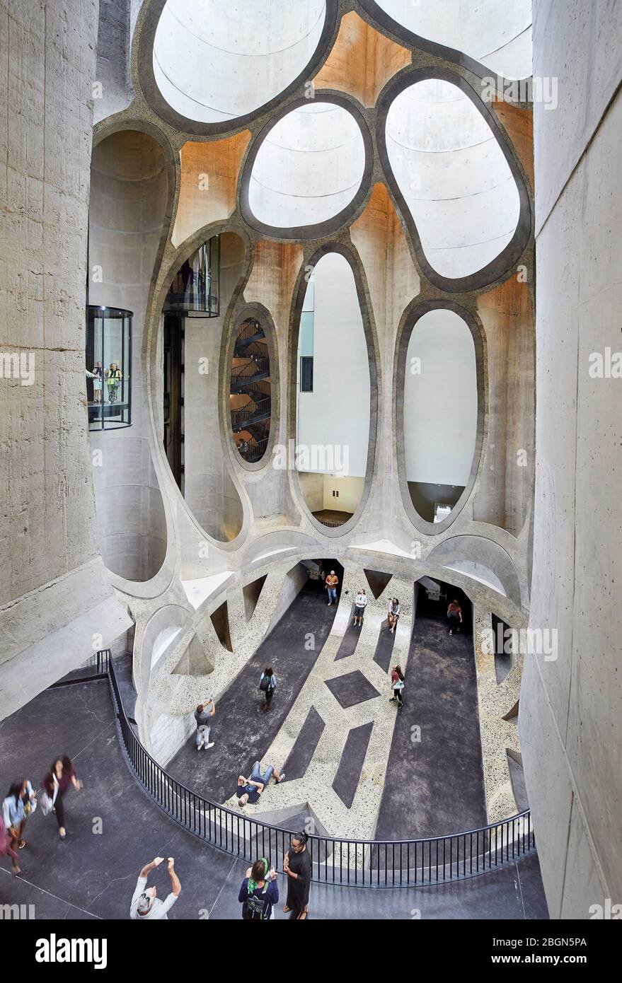 Central atrium with concrete tubes exposing structure. Zeitz MOCAA, Cape Town, South Africa. Architect: Heatherwick Studio, 2017. Stock Photo