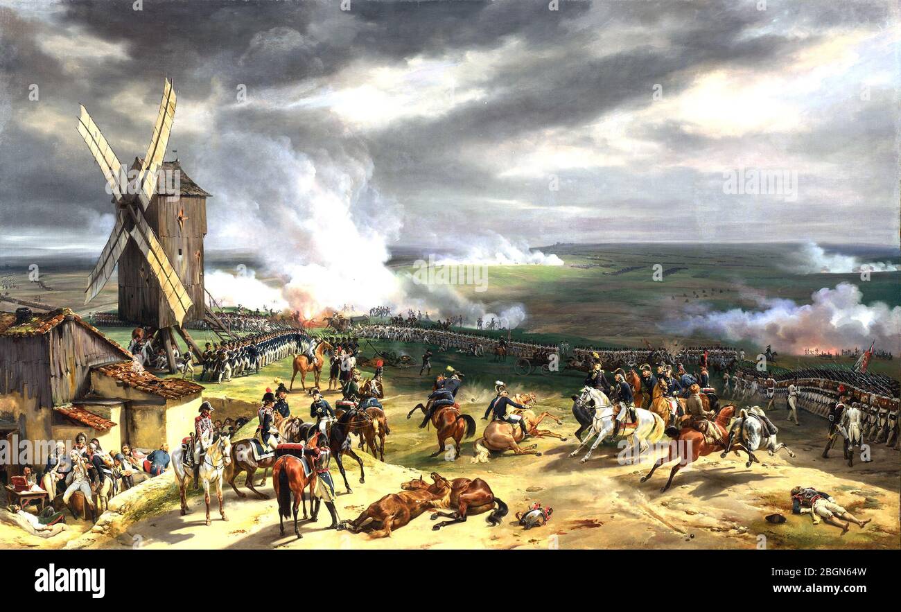 BATTLE OF VALMY  20 September 1792, painted by Horace Vernet in 1826. The windmill was burnt down on orders of the French commander on the day of the battle. Stock Photo
