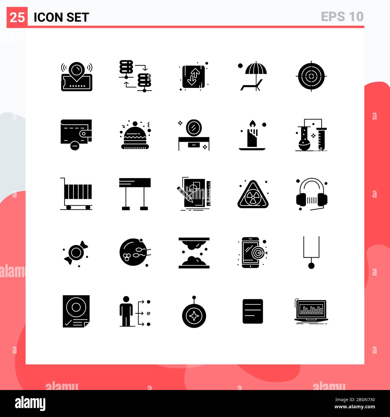 Pictogram Set of 25 Simple Solid Glyphs of enjoy, umbrella, share, beanch, orientation Editable Vector Design Elements Stock Vector