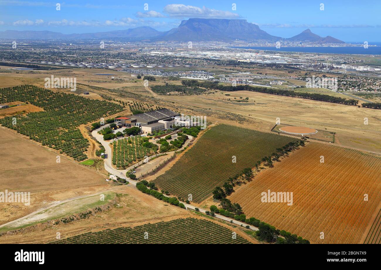 Aerial view of Durbanville Hills Wine Farm with Table Mountain in the