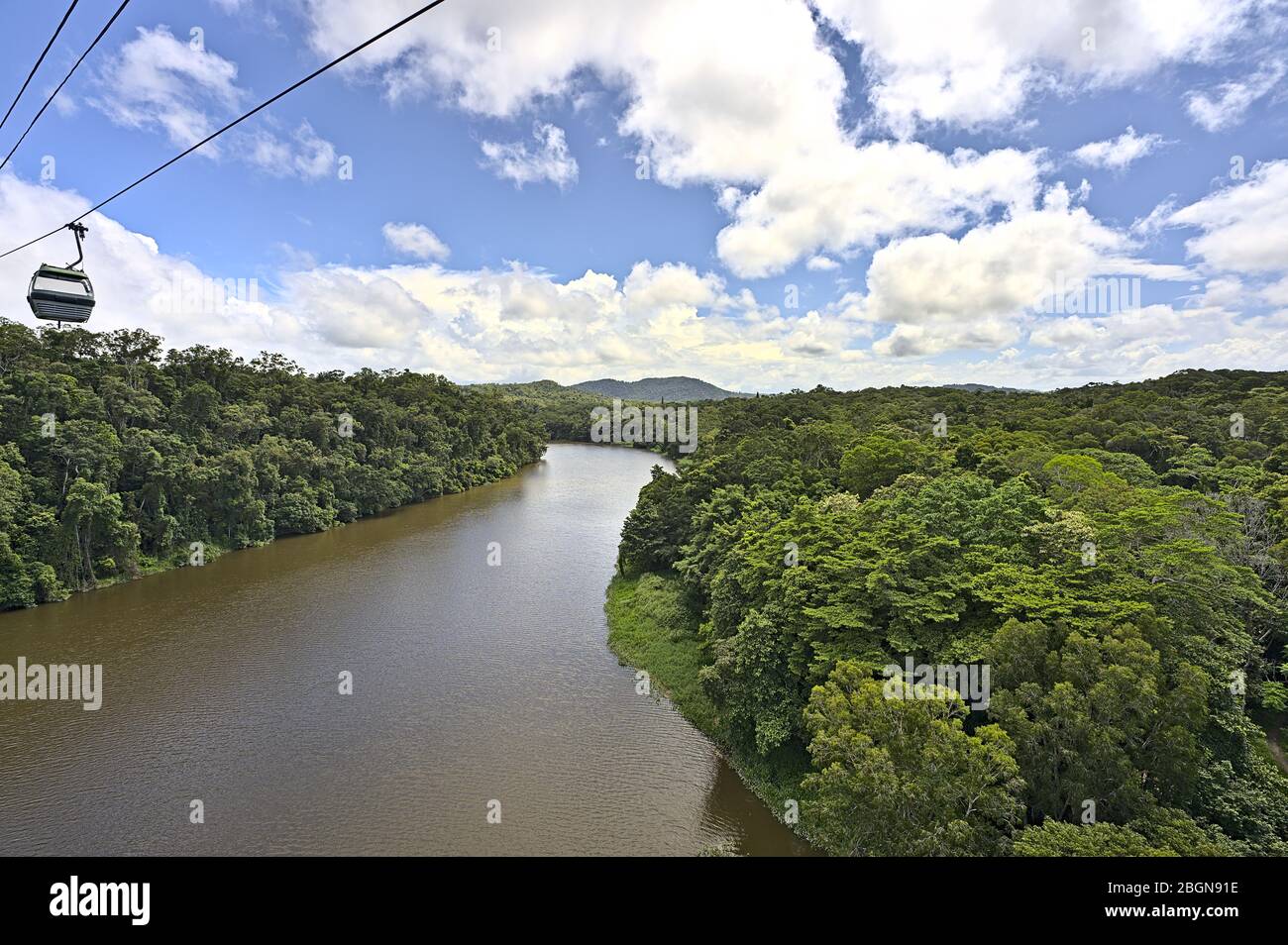 Kuranda rainforest and scenic skyrail above a river Stock Photo