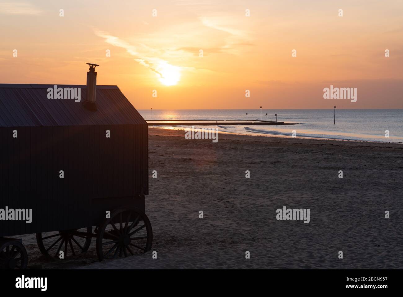 The Haekels sauna/bathing machine on Margate beach during Covid-19 lockdown, April 2020 Stock Photo