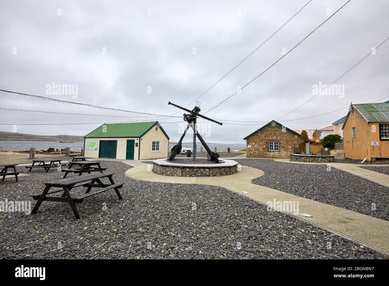 Anchor monument from HMS Penelope at the Historic Dockyad Museum in Stanley, Falkland Islands, Falklands Stock Photo