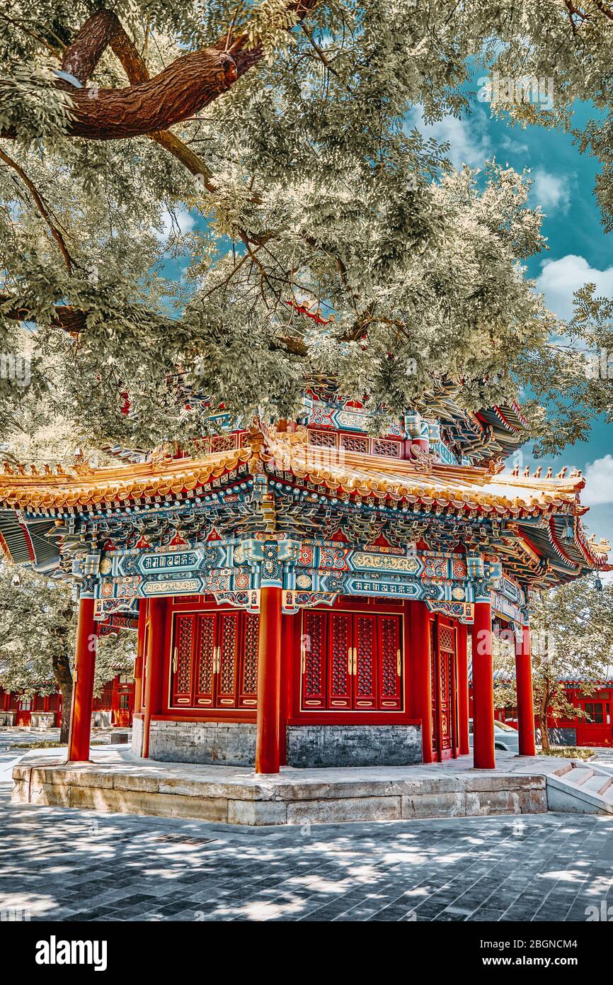 Beautiful View of Yonghegong Lama Temple.Beijing. Lama Temple is one of the largest and most important Tibetan Buddhist monasteries in the world. Stock Photo