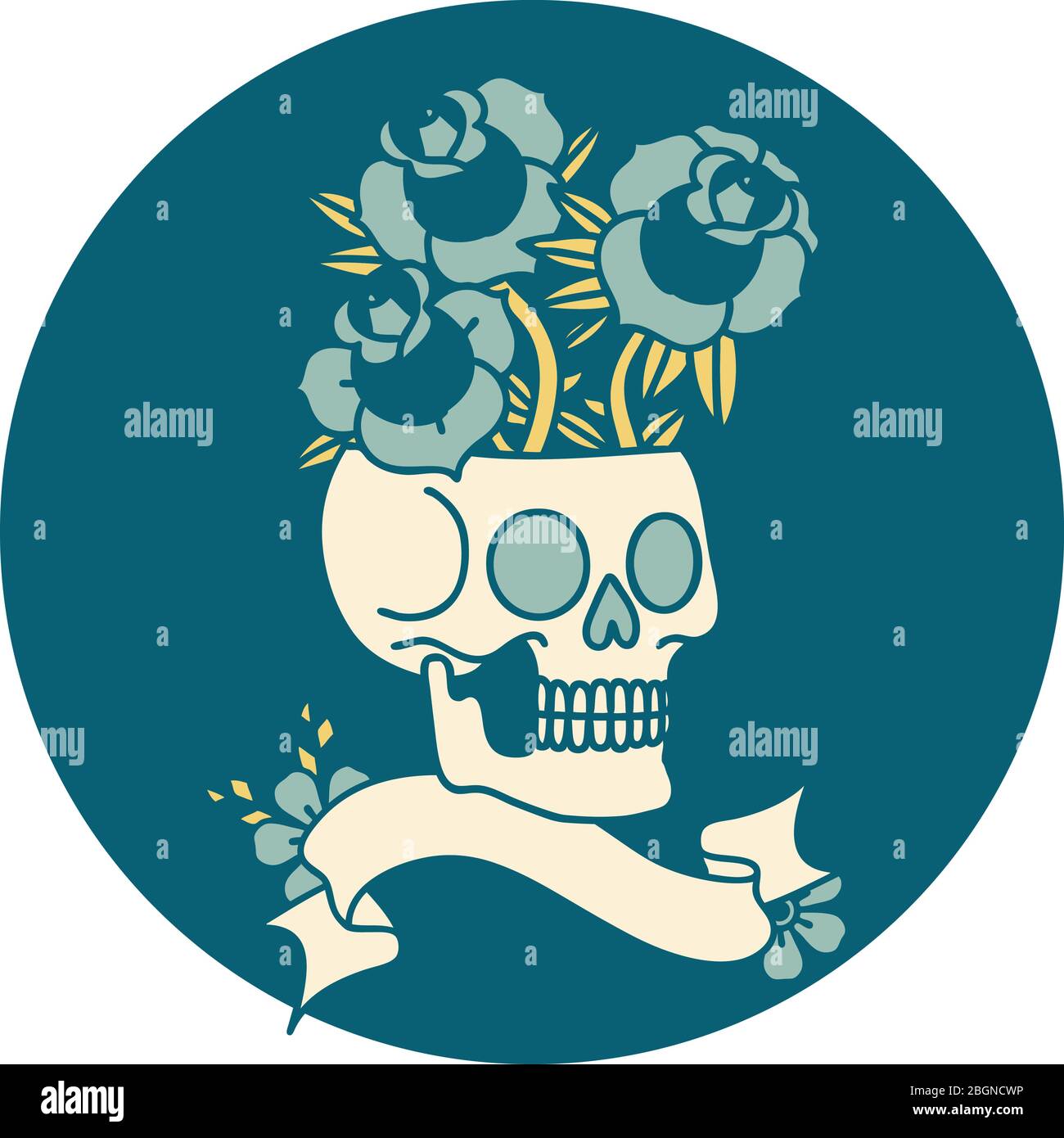 tattoo style icon with banner of a skull and roses Stock Vector Image ...