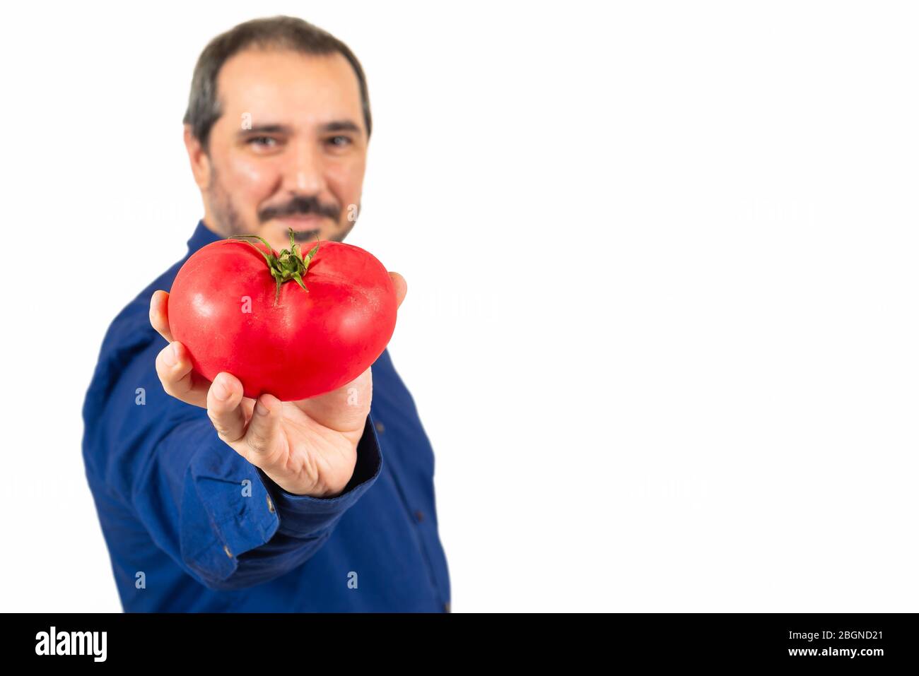 unfocused man in a blue shirt showing a tomato on camera Stock Photo