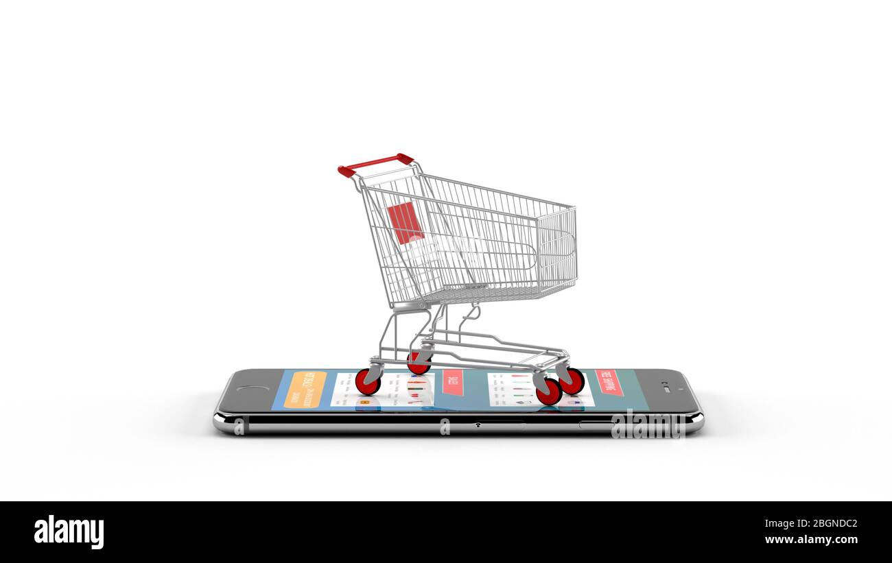 e-commerce or online shopping concept with trolley pushing cart on mobile phone Stock Photo