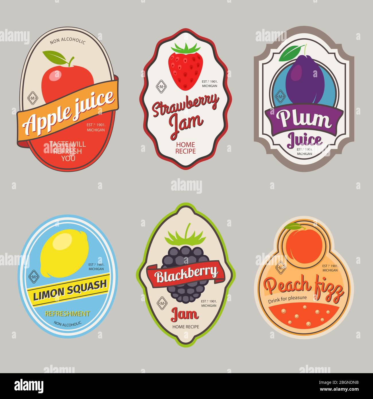 Retro fruit posters or vintage fruit labels. Vector illustration Stock