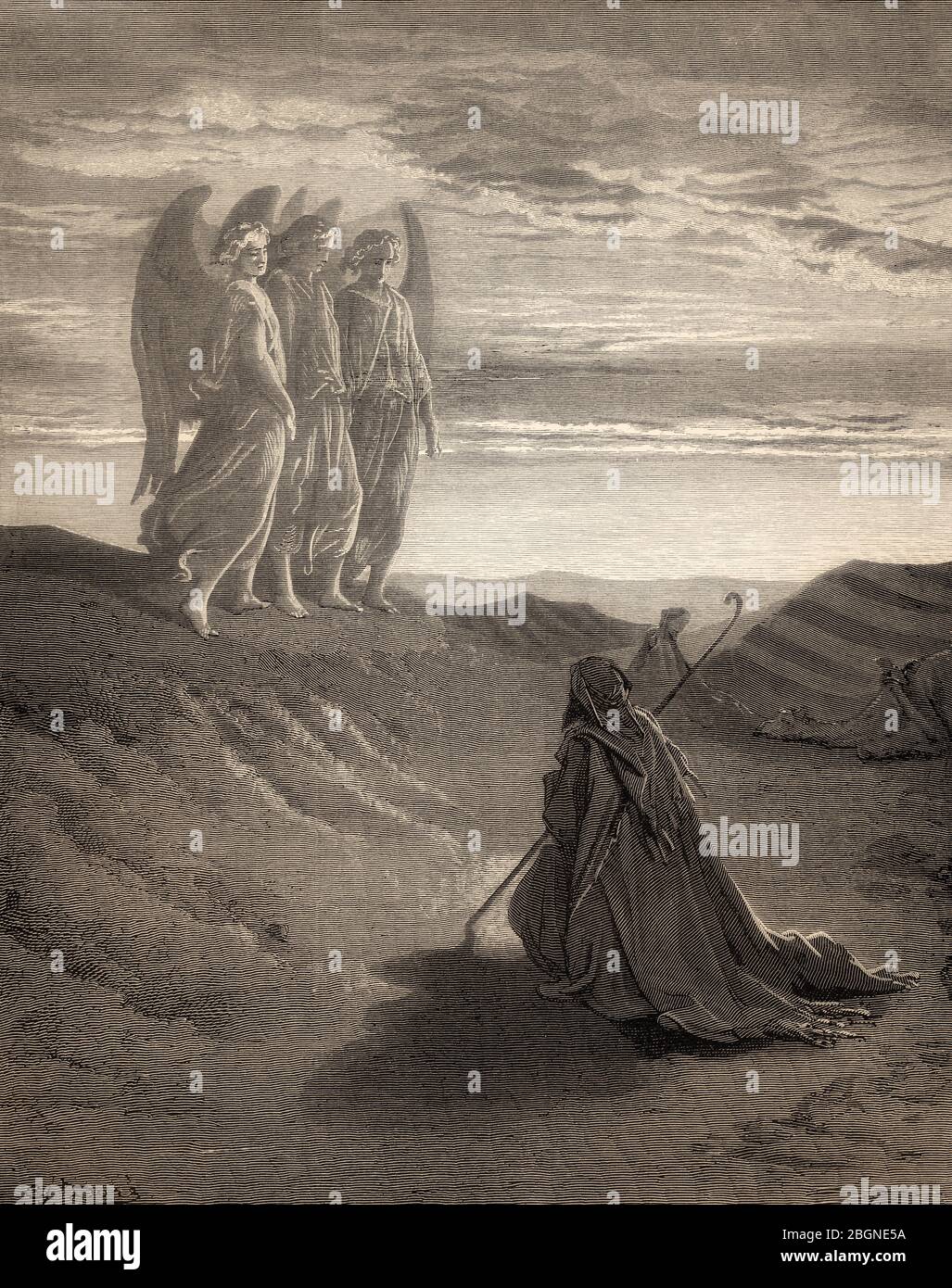 Abraham and the Three Angels, Old Testament, woodcut by Gustave Doré
