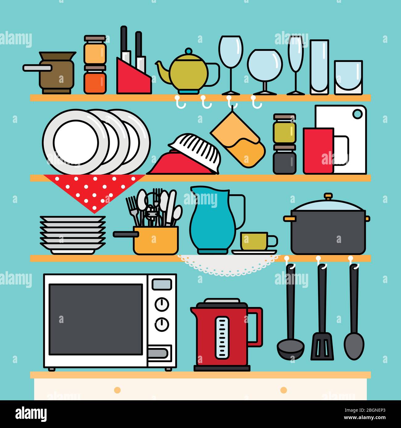 Kitchen shelves with cooking utensils. Vector kitchen utensils Stock