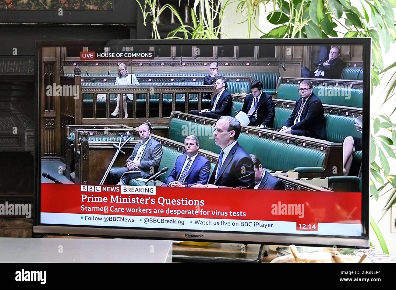 Parliament under new social distancing regulations. The Conservative benches during PMQs. Dominic Raab standing in for the Prime Minister B Johnson. Stock Photo