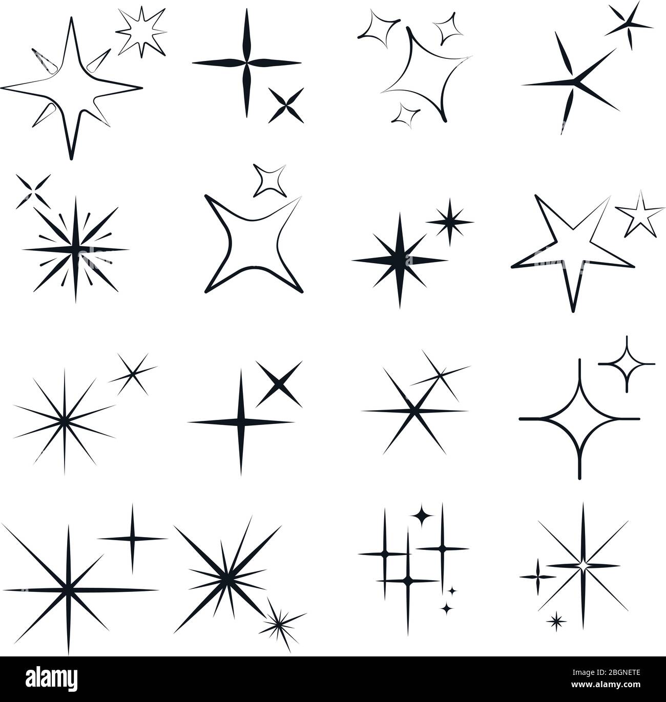 Sparkles line icons. Black sparkles symbols on white background. Vector