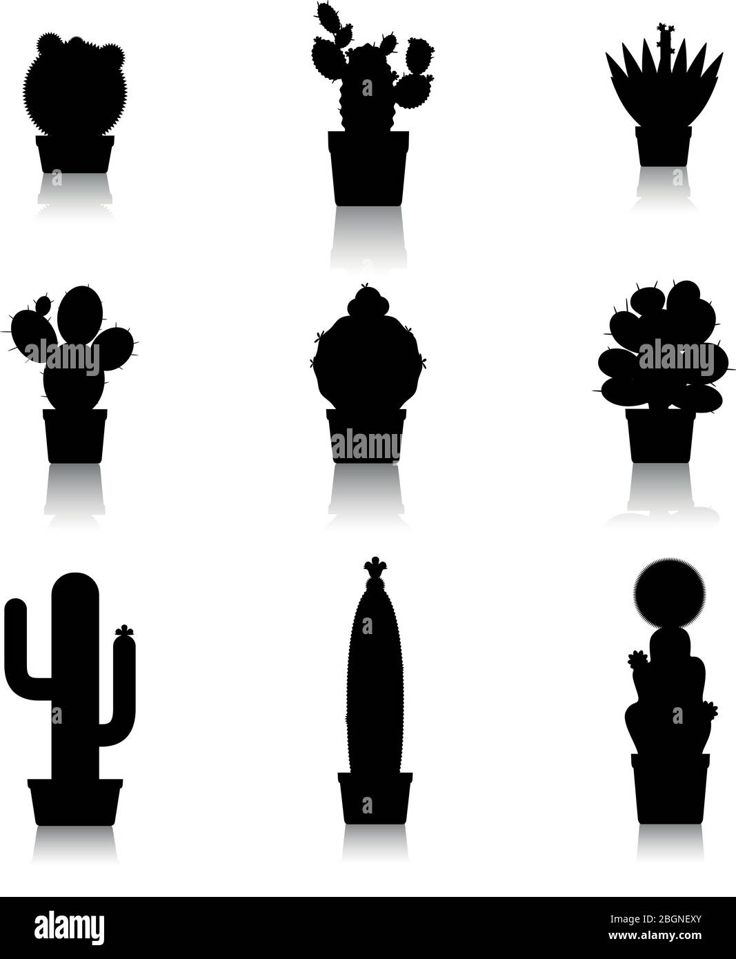 Cactus silhouettes on white background. Cactus in pots, home plants. Vector icons Stock Vector