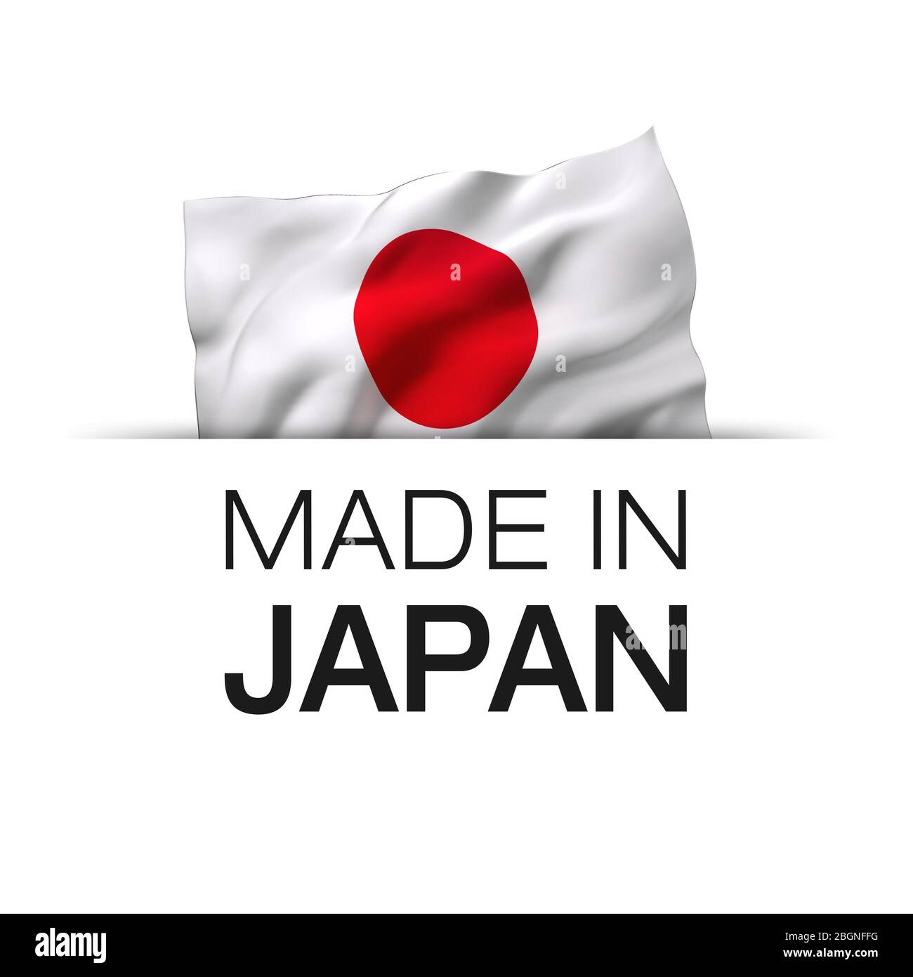 Made in Japan - Guarantee label with a waving Japanese flag. Stock Photo