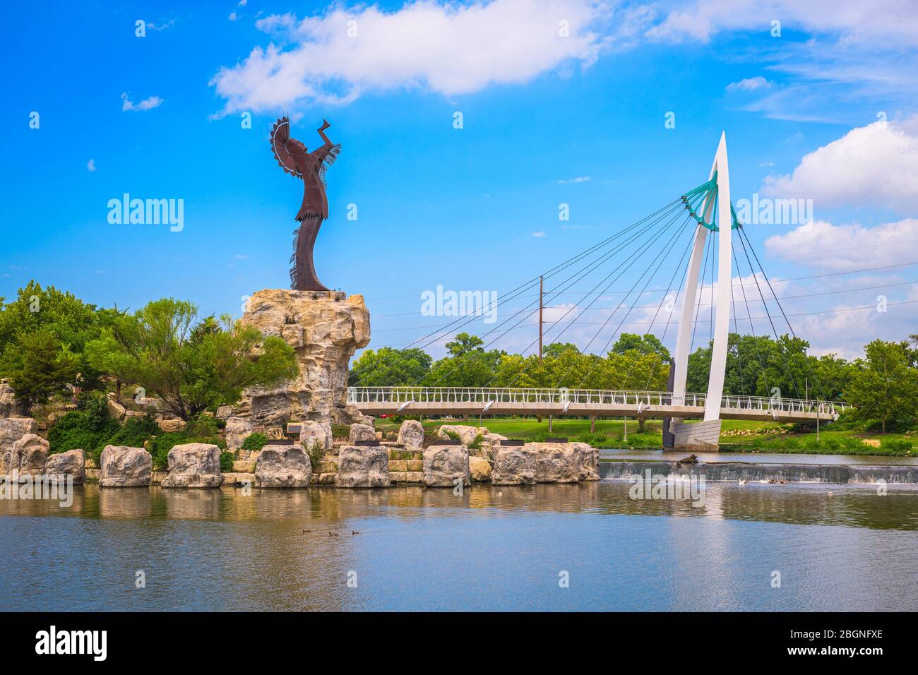WICHITA, KANSAS - AUGUS 30, 2018: The confluence of the Arkansas and Little Arkansas River at the Keeper of the Plains near downtown Wichita. Stock Photo