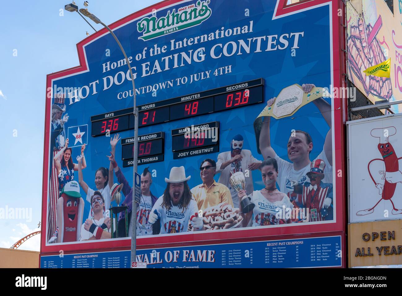 Nathan's hot dog eating contest sign on Coney Island boardwalk, New