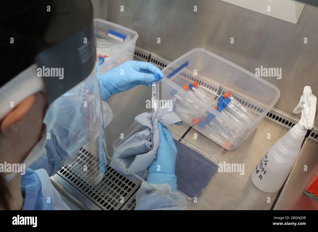 A test tube is cleaned on arrival at the new Covid19 testing lab at