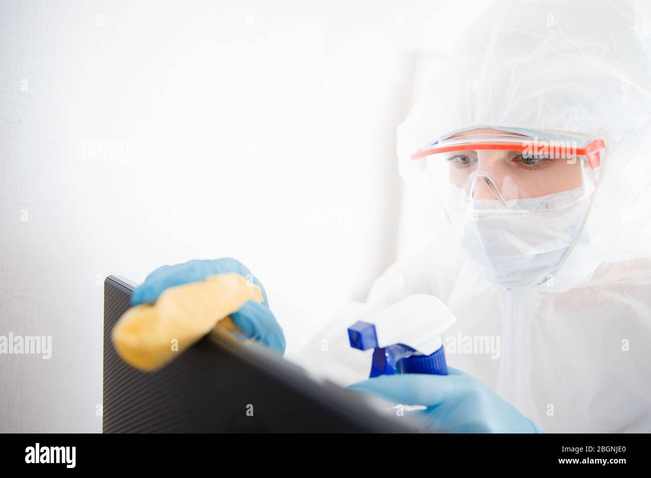 Computer Hygiene Germs Cleaning service disinfects office, antiseptic processing of computer ...