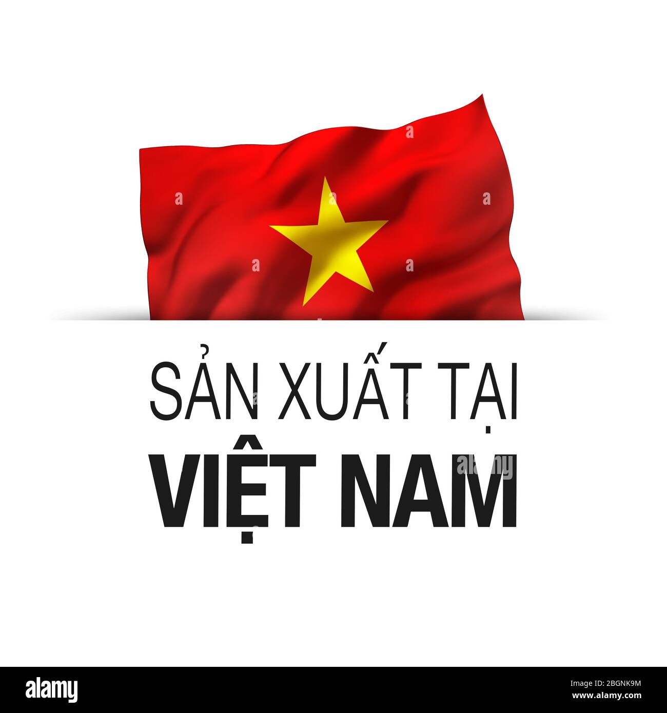 Made in Vietnam written in Vietnamese language. Guarantee label with a waving Vietnamese flag. Stock Photo