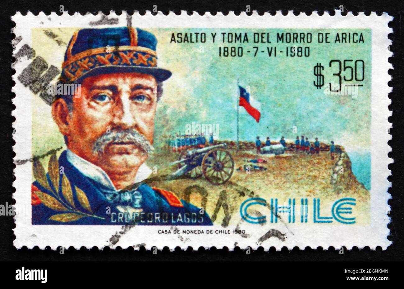 CHILE - CIRCA 1980: a stamp printed in the Chile shows Gen. Pedro Lagos, Battle Scene, Painting by Pedro Subercaseaux, Battle of Morro de Arica Centen Stock Photo