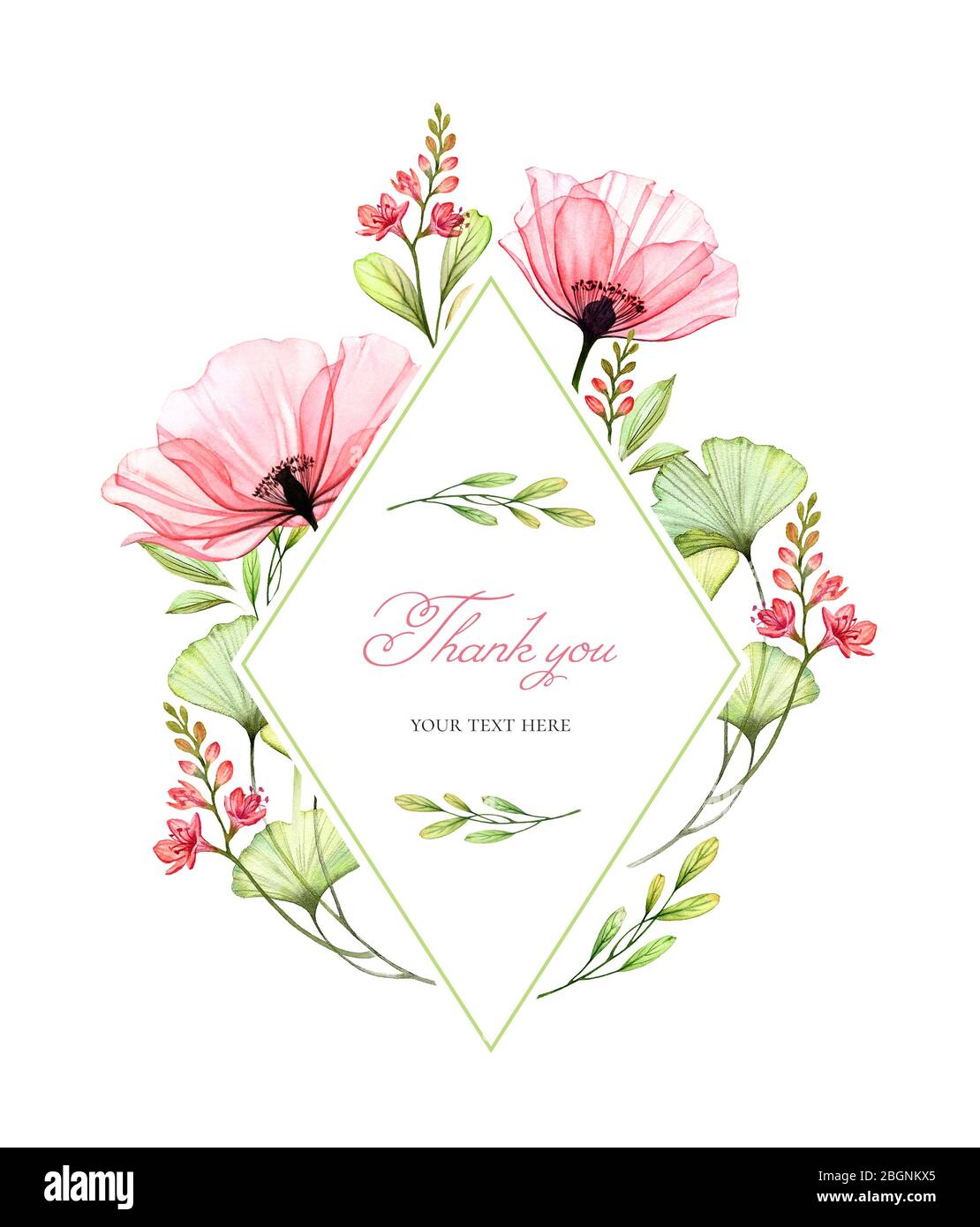 Watercolor floral card template. Vertical rhomb frame. Transparent poppy flowers and Thank You text. Hand painted spring illustration for logo and Stock Photo
