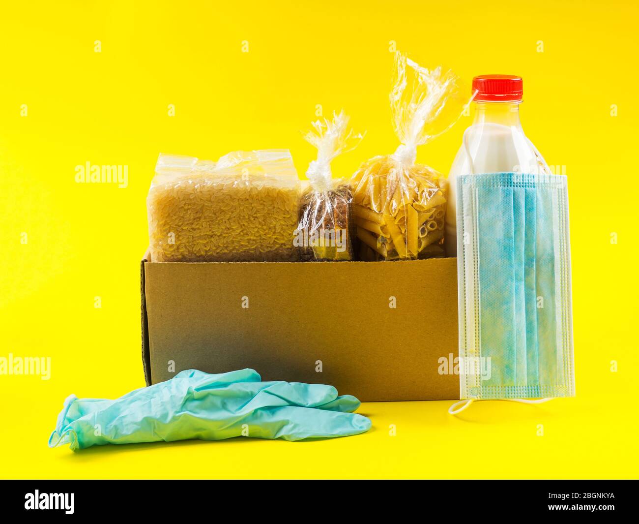 Food staples delivery or donation box concept Stock Photo Alamy