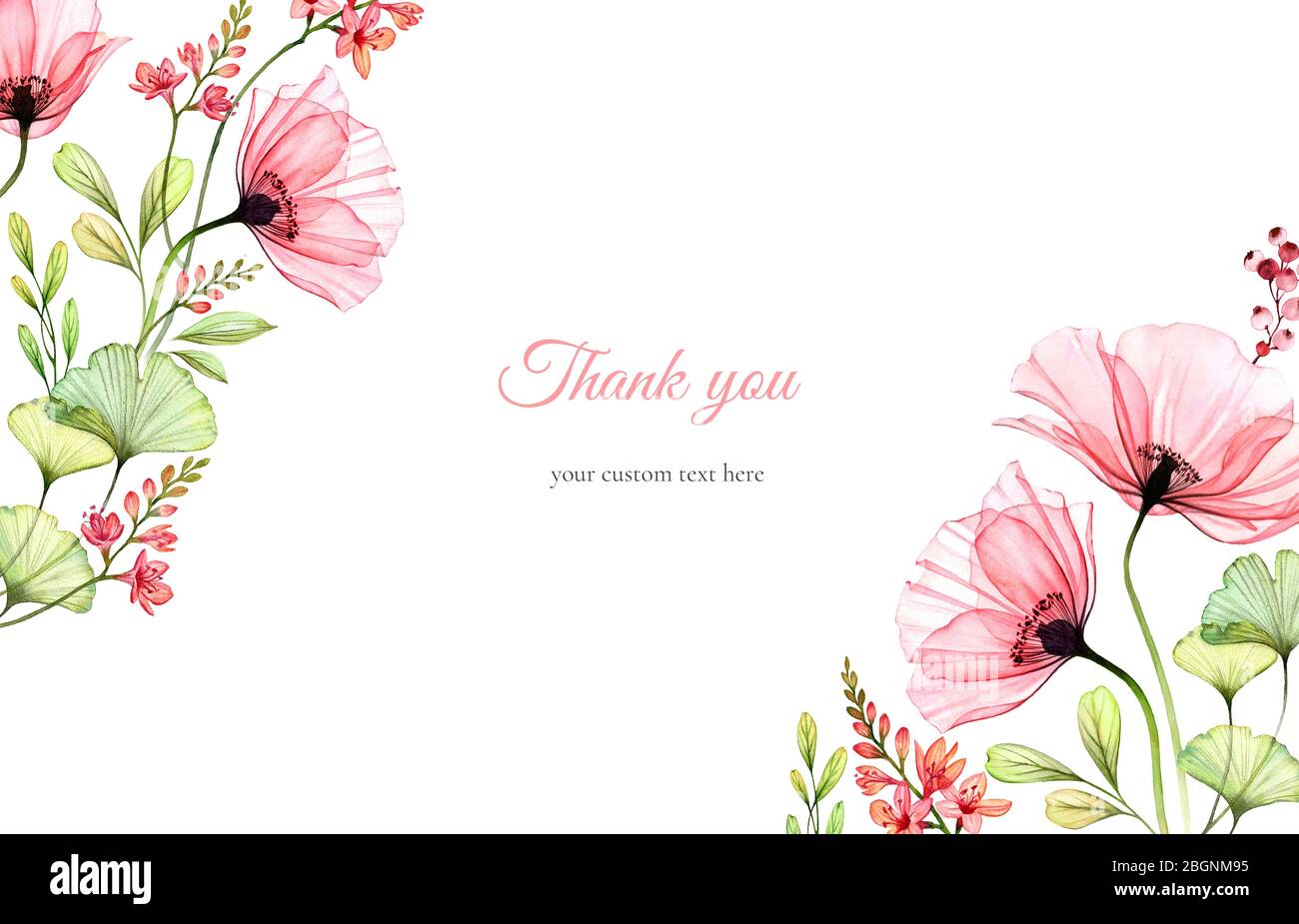 Watercolor floral background. Thank you Card template with text.  Transparent poppy flowers arranged in diagonal. Isolated hand drawn banner  with big Stock Photo - Alamy