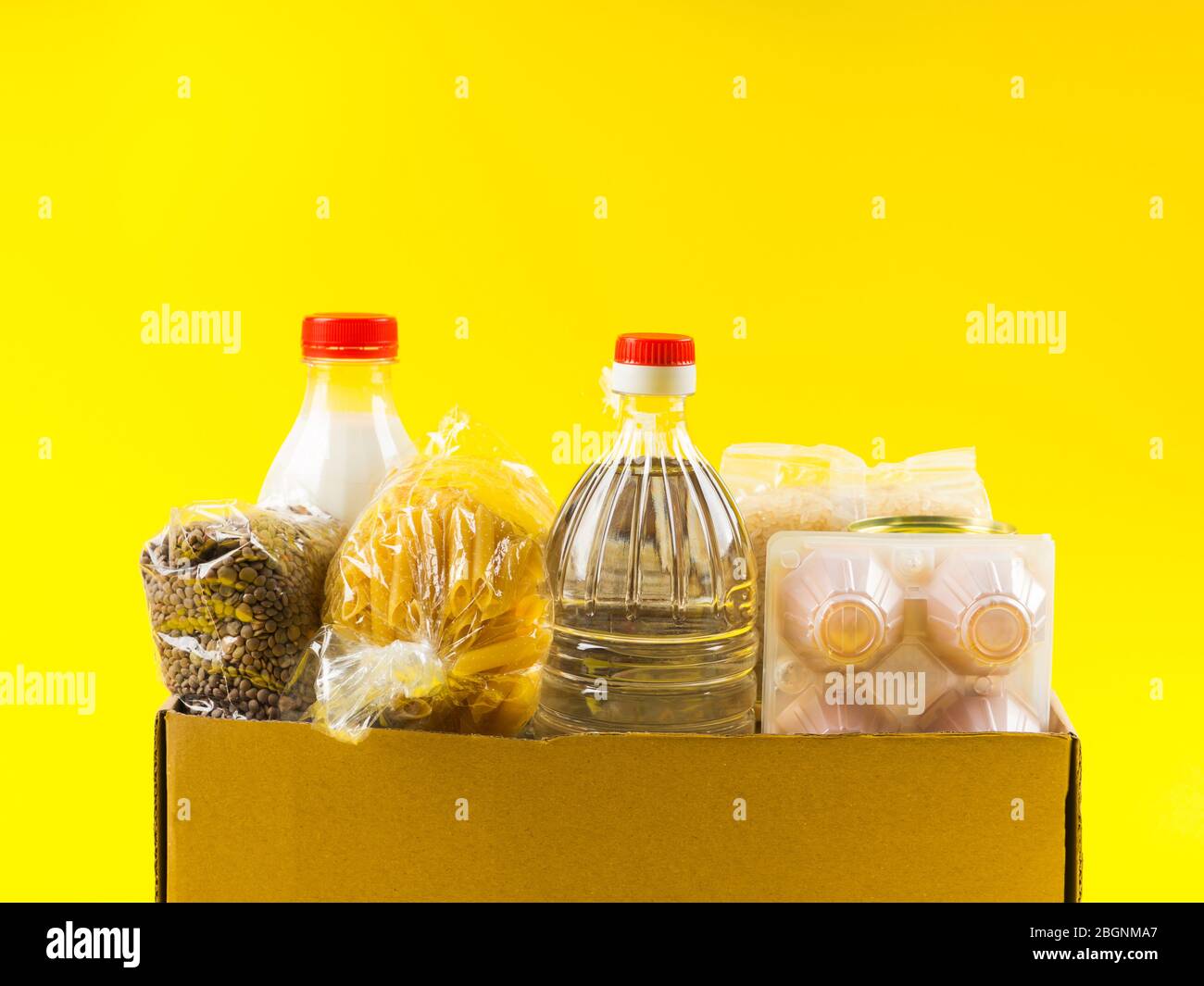 Food staples delivery or donation box concept Stock Photo Alamy