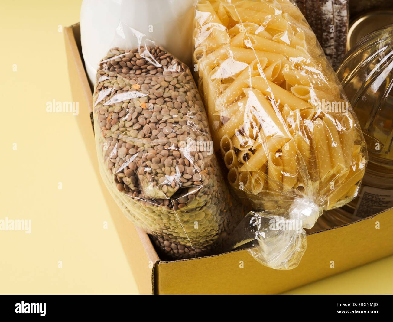 Food staples delivery or donation box concept Stock Photo Alamy