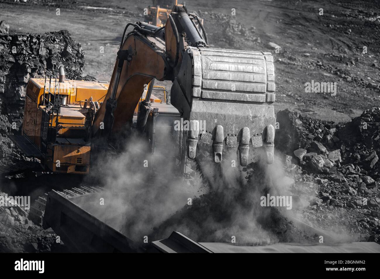 Open pit mine industry. Excavator work loading of coal into Yellow ...